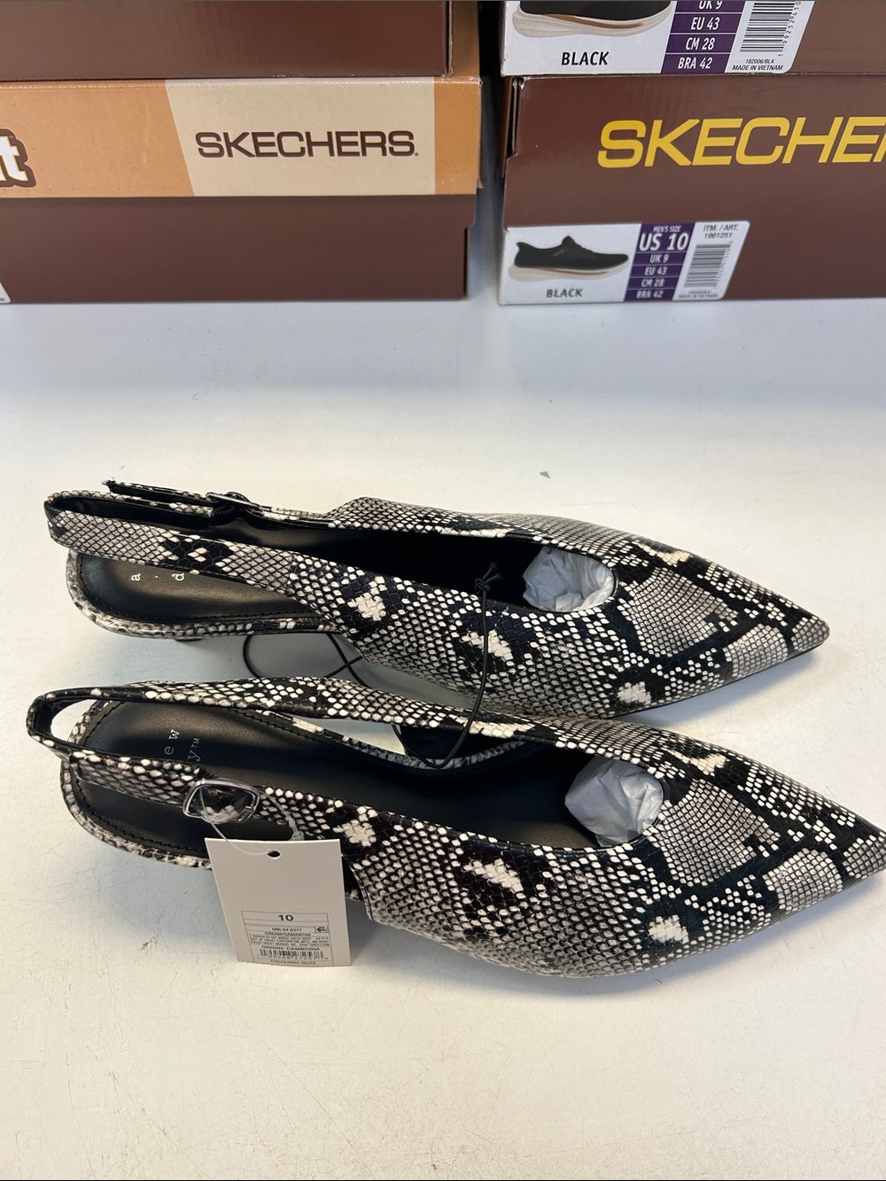 Women's Size 10 Snake-Print Pointed Slingback Flats - Black & White 30509